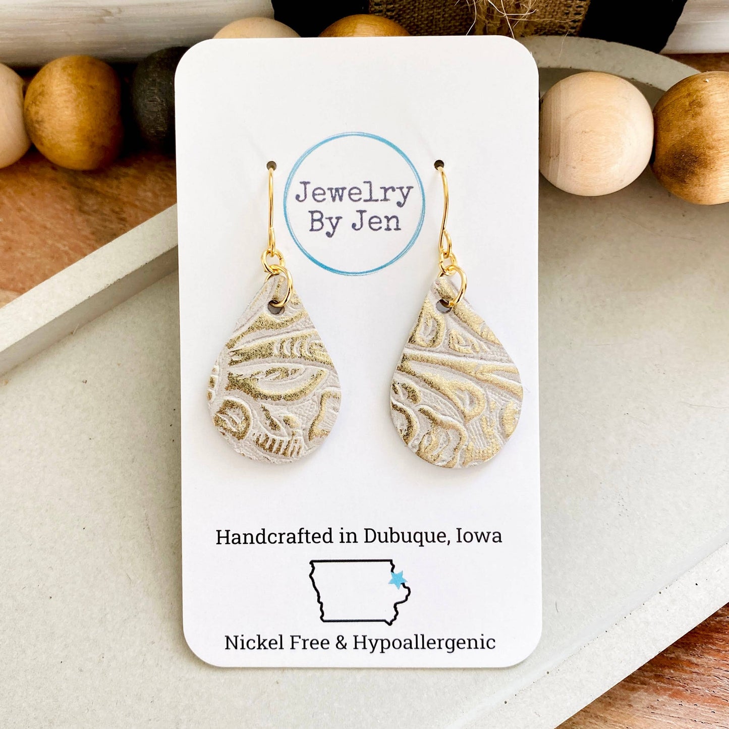Small Teardrop Earrings: Cream & Platinum Tooled
