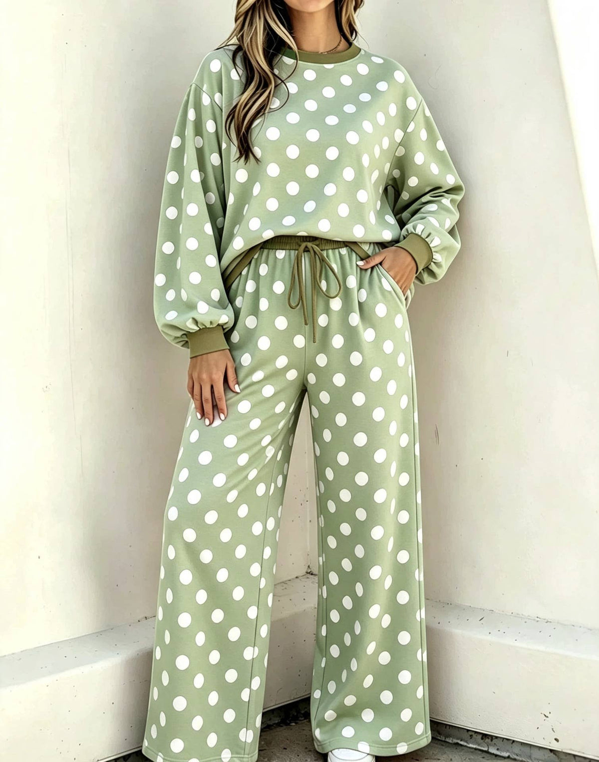 Casual Versatile Two Tone Polka Dots Crewneck Top 2PC Set