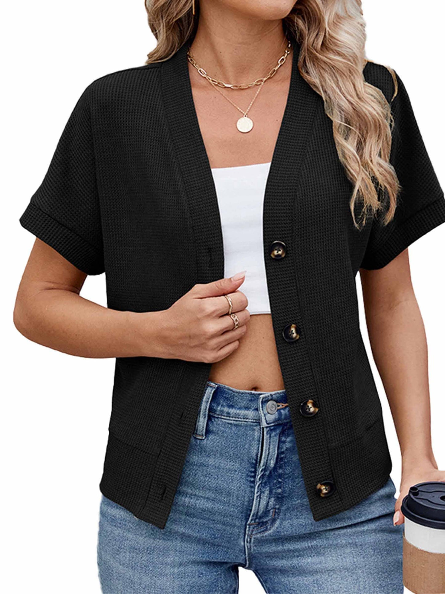 Solid Color Button Loose Short Sleeved Top