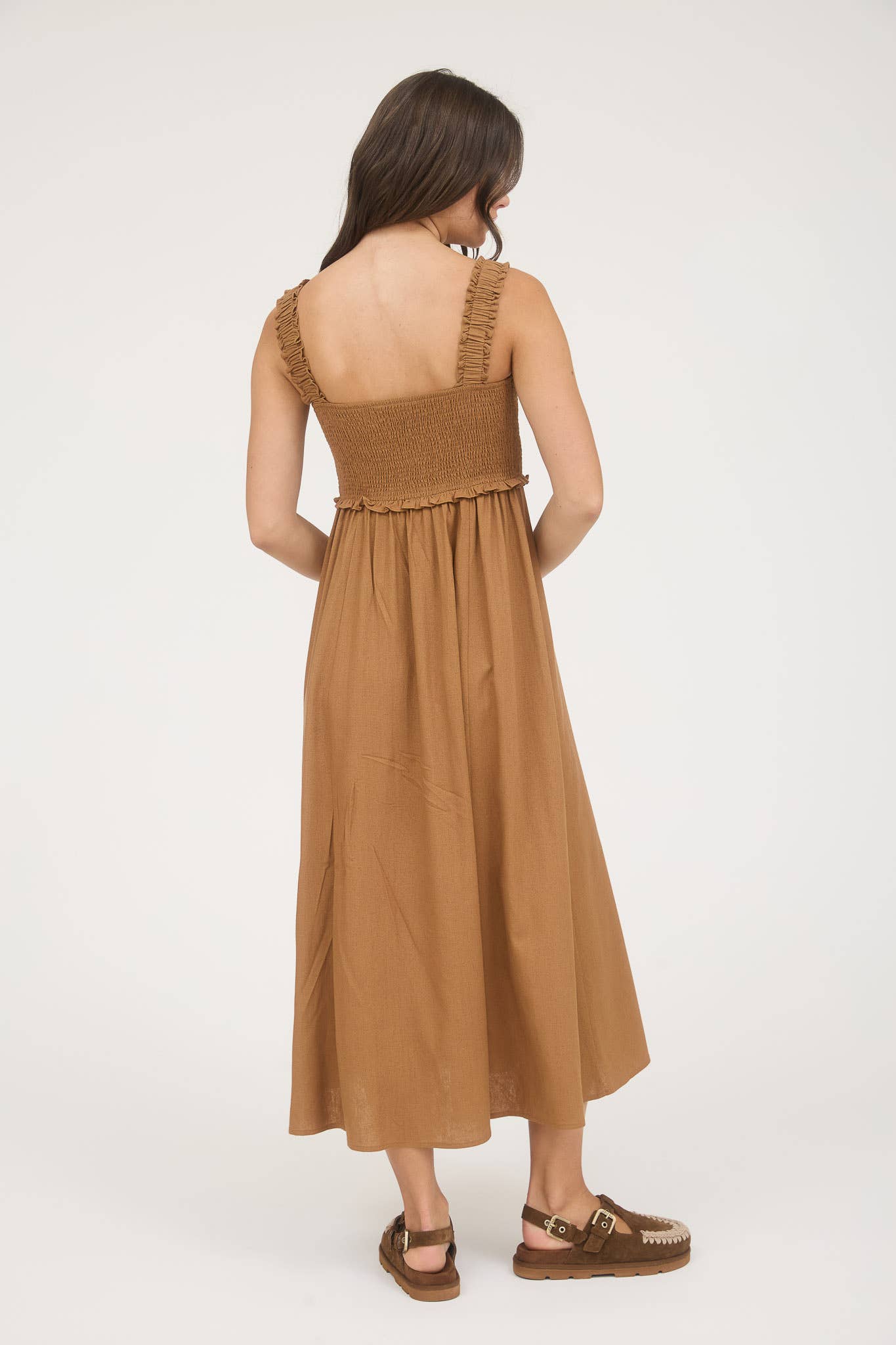 SMOCKED SLEEVELESS BUTTON DOWN MIDI DRESS