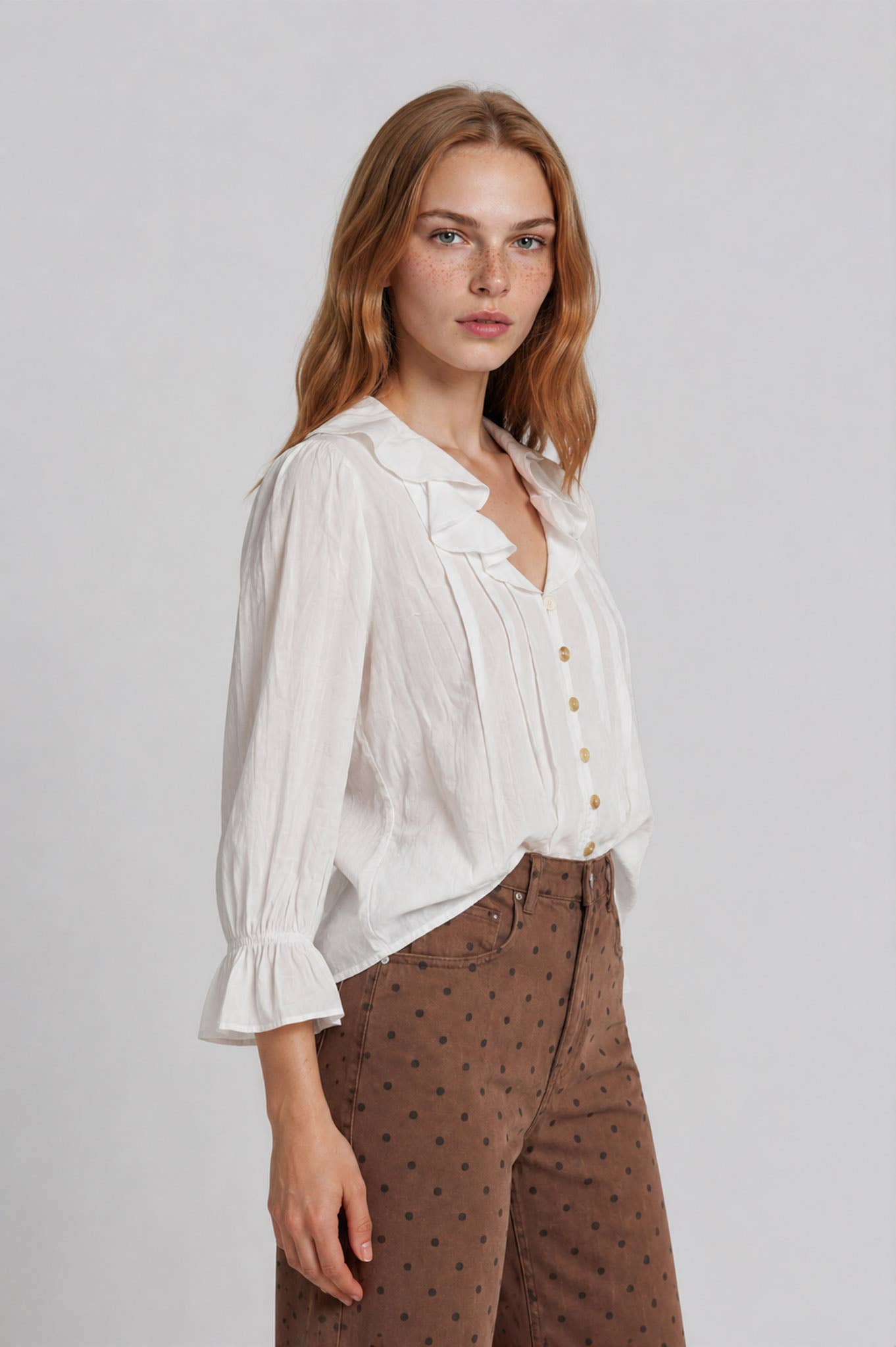 RUFFLED V NECK BUTTON DOWN 3/4 SLEEVE BLOUSE (PRE-ORDER)