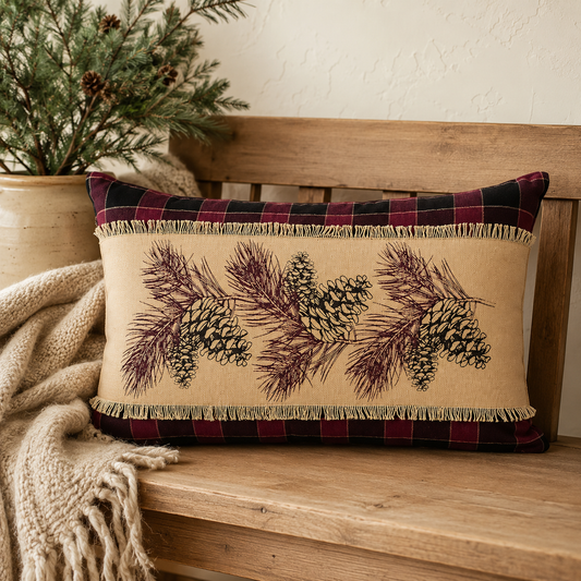 Rustic Lodge Christmas Pinecone Lumbar Throw Pillow 14x22