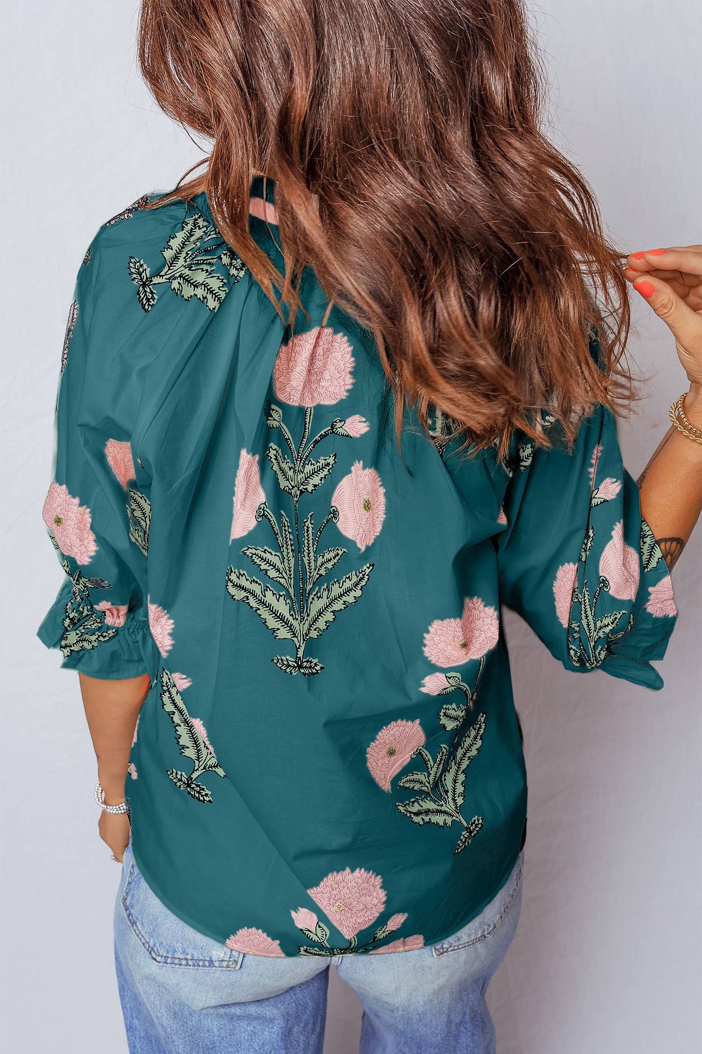 Summer Wild Flower Print V Neck 3/4 Sleeve Blouse