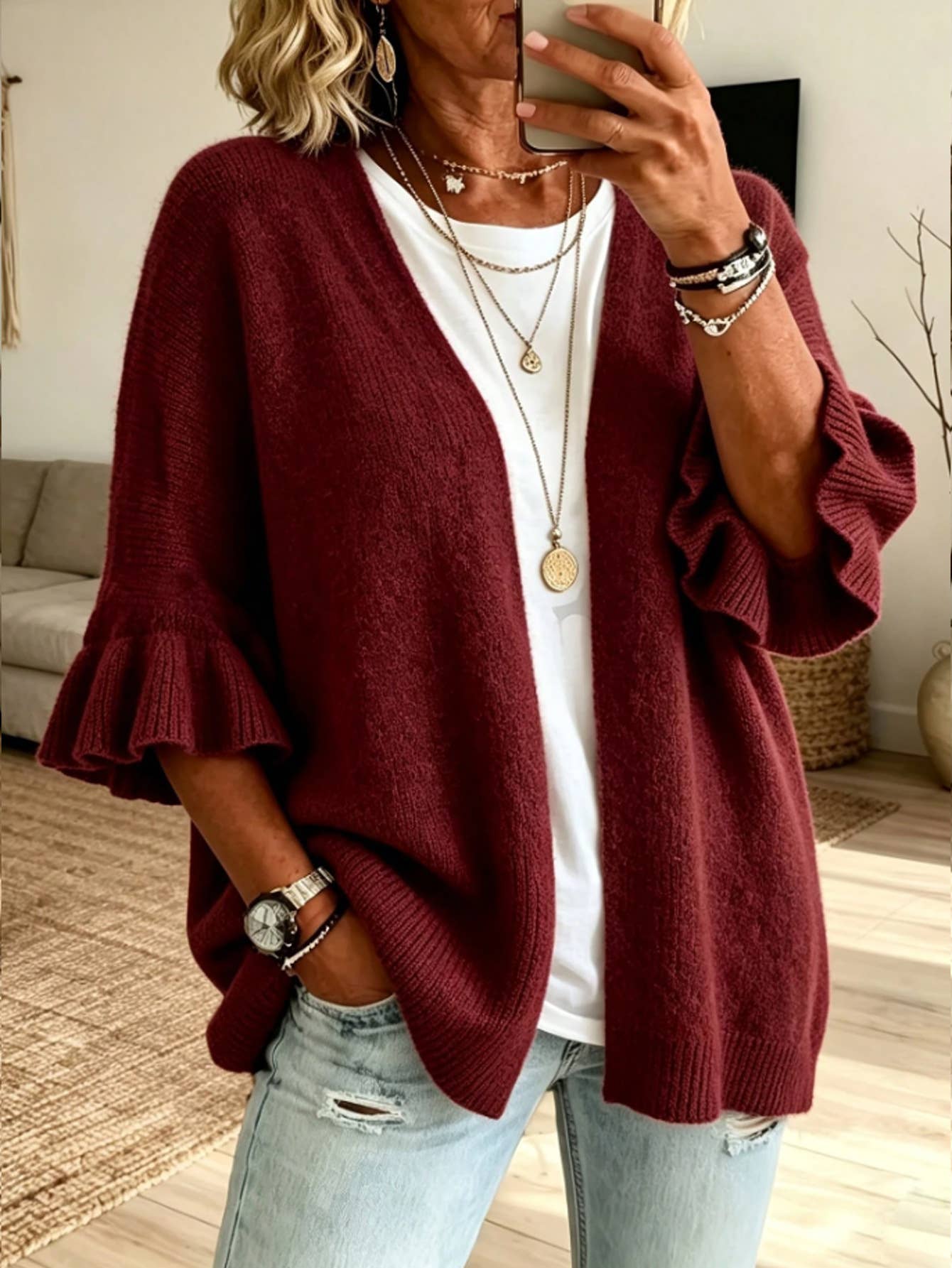 Solid 3/4 Sleeve Knit Cardigan