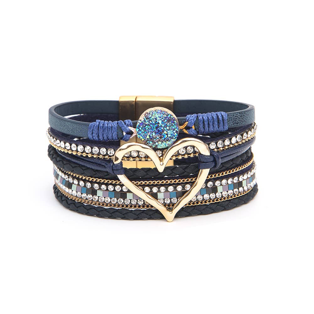 Boho Layered Heart Charm Rhinestone Magnetic Bracelet