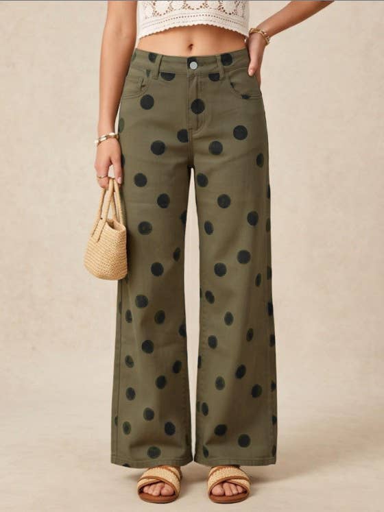 Chic Polka-dot print straight-leg jeans in olive