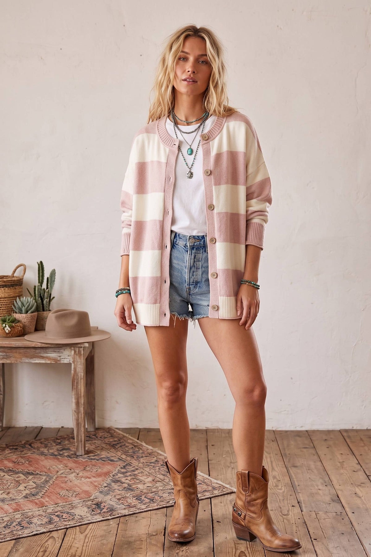Oversized Stripe Button Front Sweater Cardigan