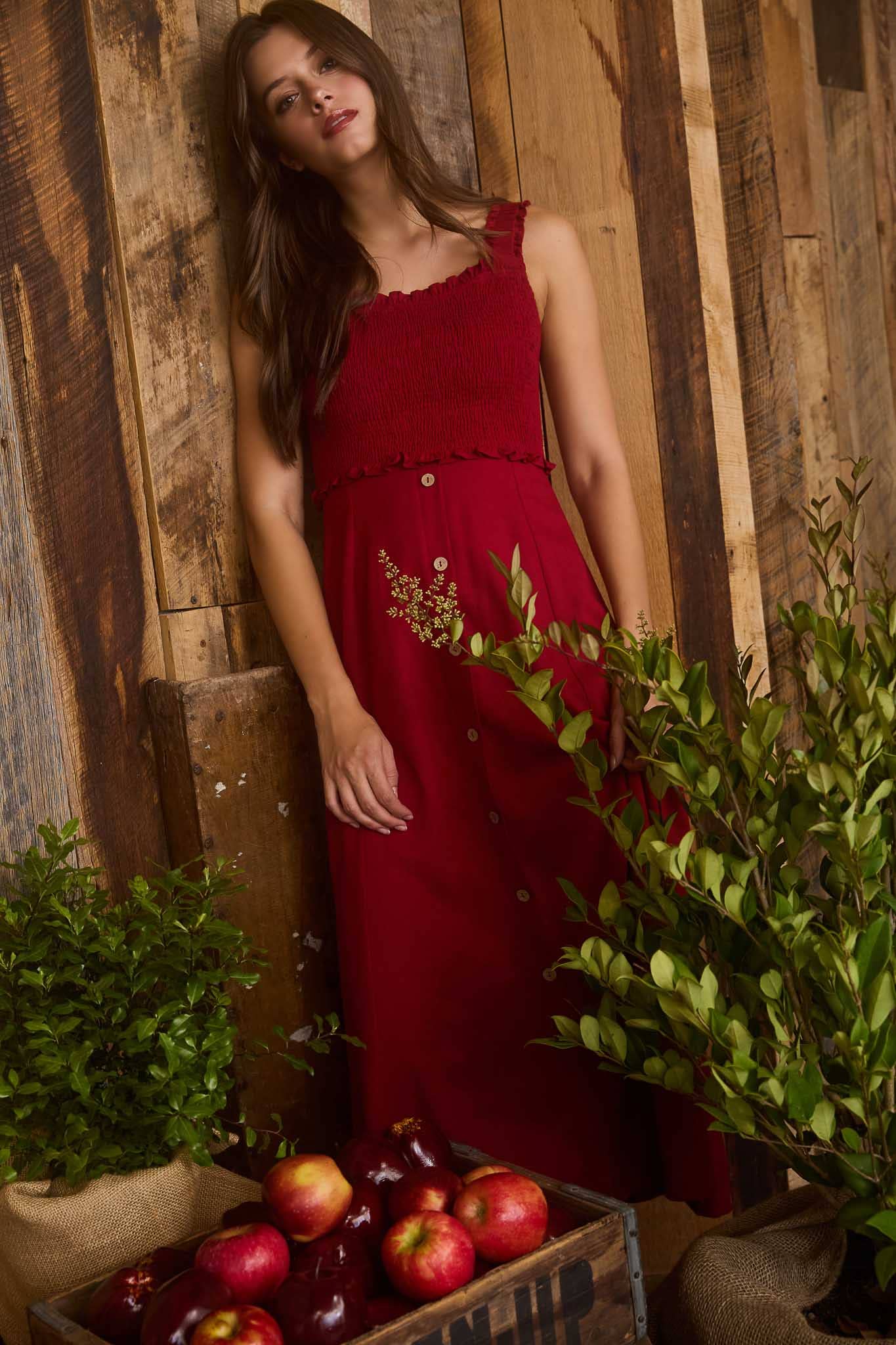 SMOCKED SLEEVELESS BUTTON DOWN MIDI DRESS
