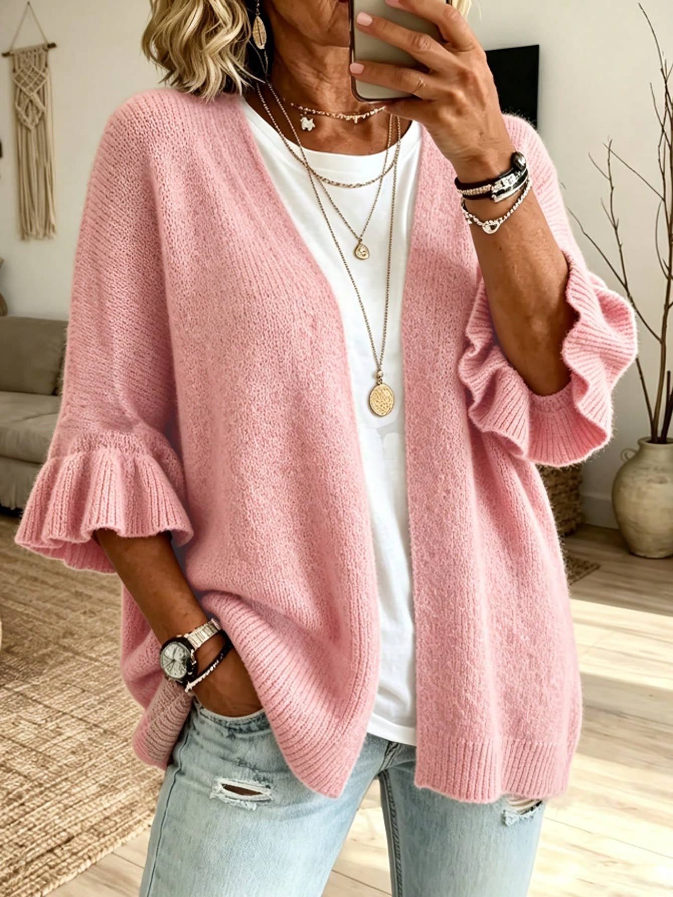 Solid 3/4 Sleeve Knit Cardigan