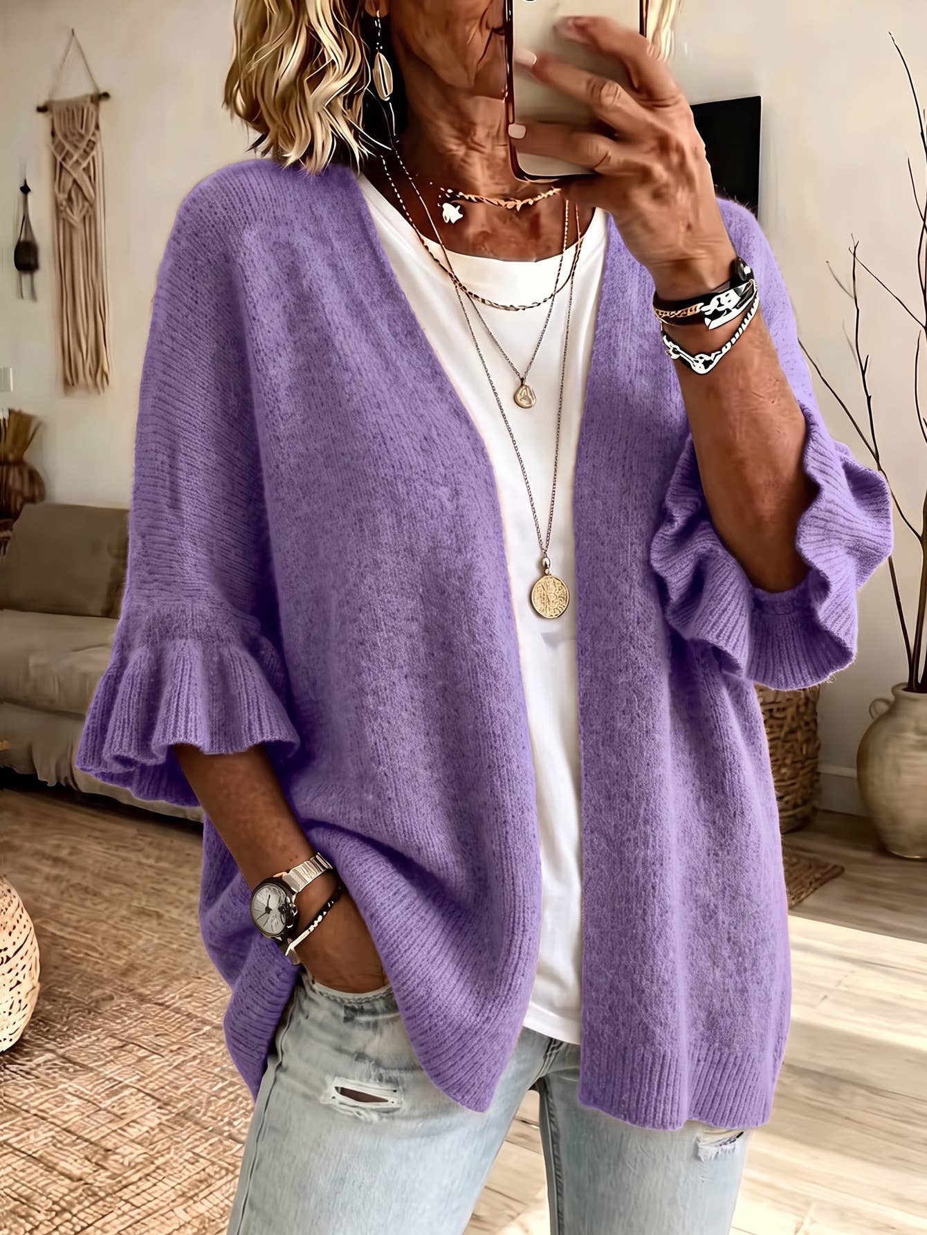Solid 3/4 Sleeve Knit Cardigan