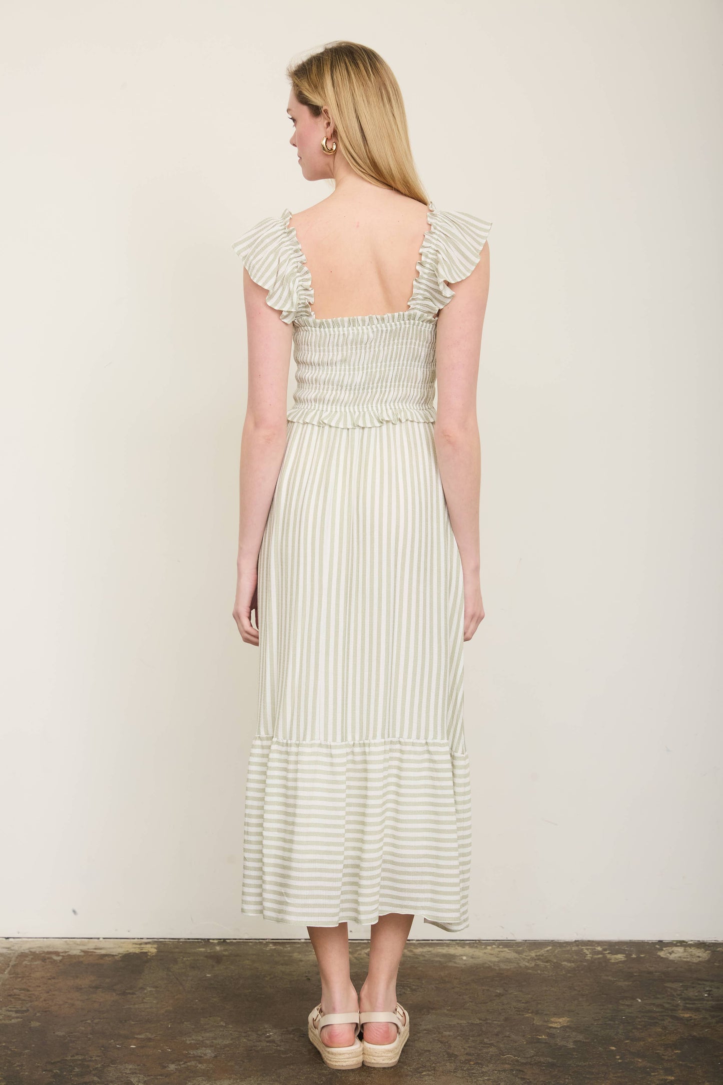 STRIPE SMOCKED RUFFLE TRIM MIDI DRESS