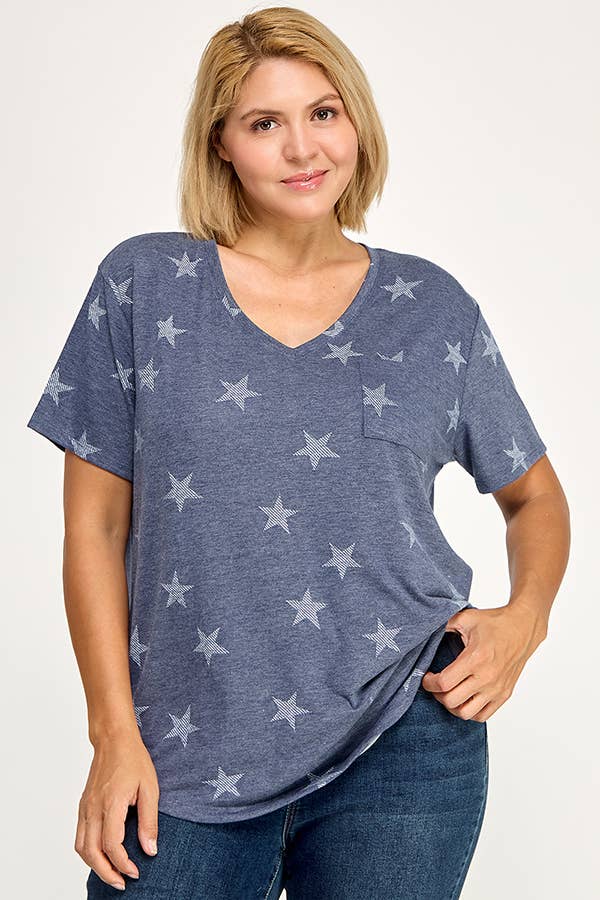 V NECK SHORT SLEEVE TEE WITH STAR PRINT