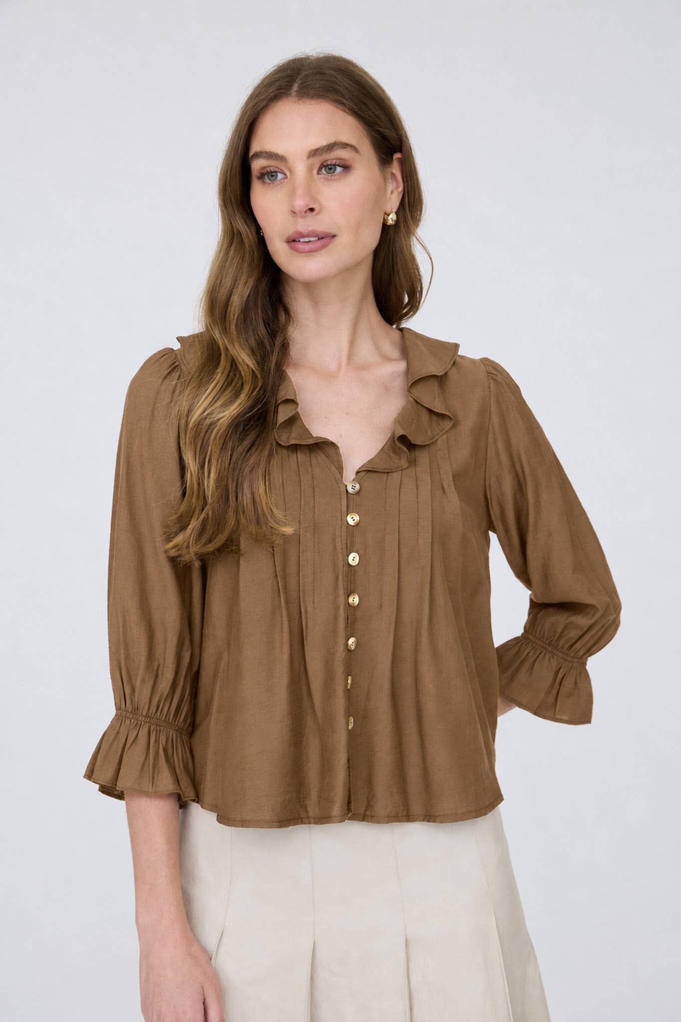 RUFFLED V NECK BUTTON DOWN 3/4 SLEEVE BLOUSE (PRE-ORDER)
