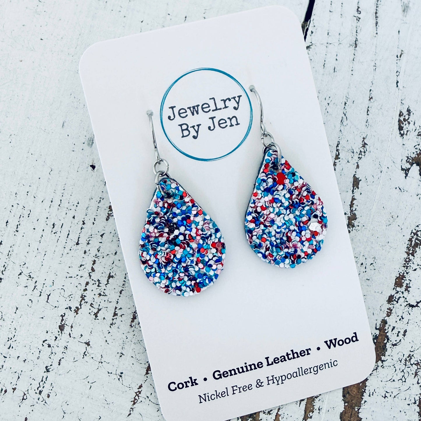 Small Teardrop Earrings: Red/White/Blue Glitter