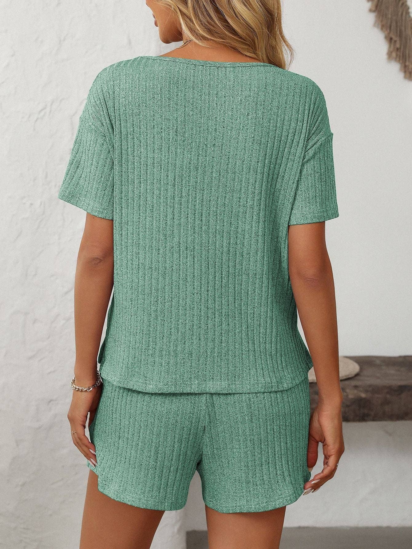 Solid Color Ribbed Short-Sleeve Pajama Loungewear Set