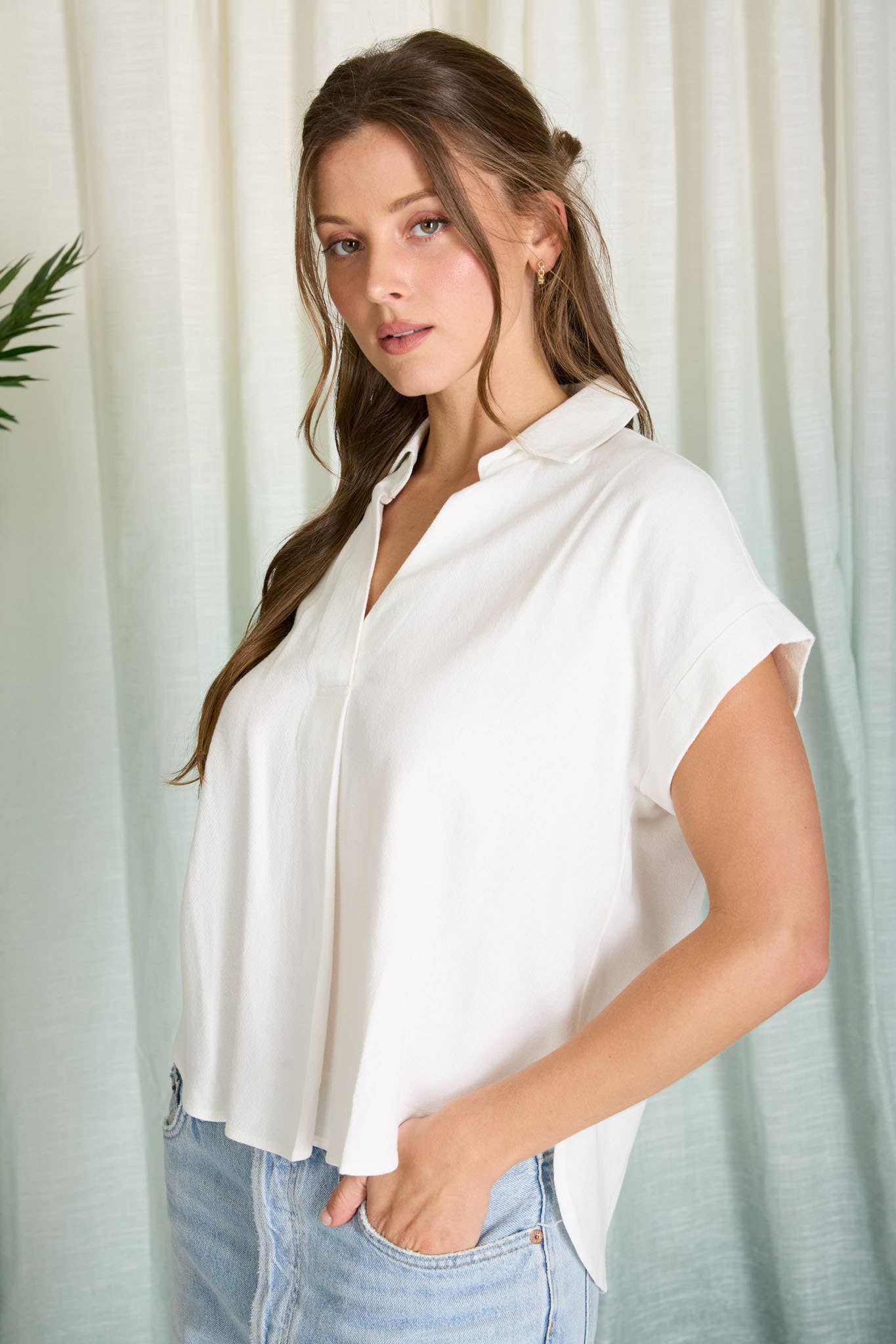 COLLARED SPLIT NECK CUFF SLEEVE U HEM LINEN TOP