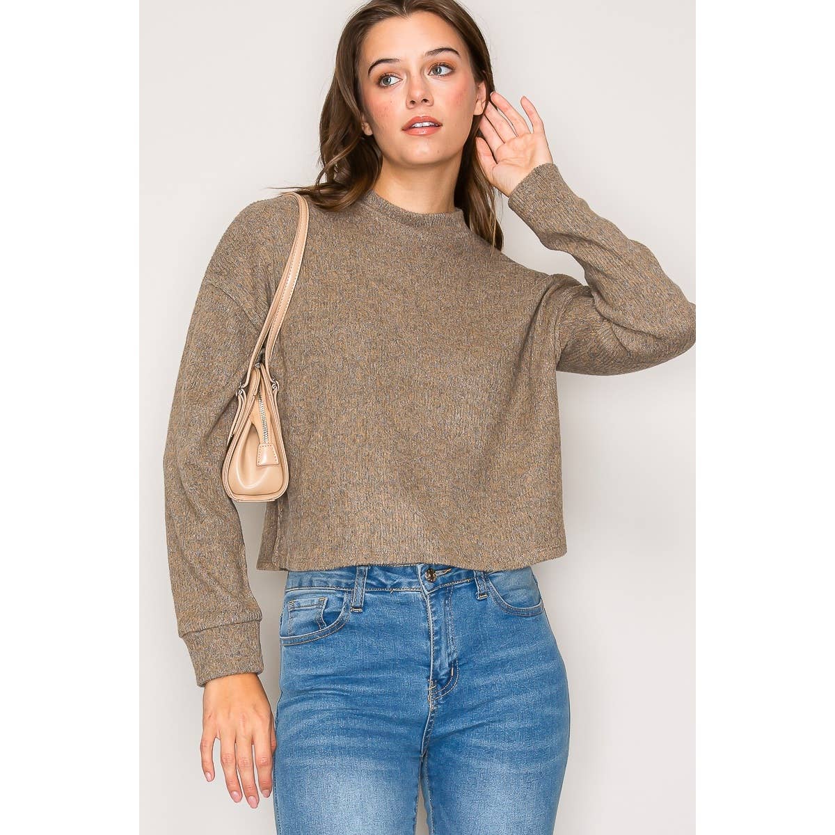 Mock Neck Long Sleeve Brushed Sweater Knit Top