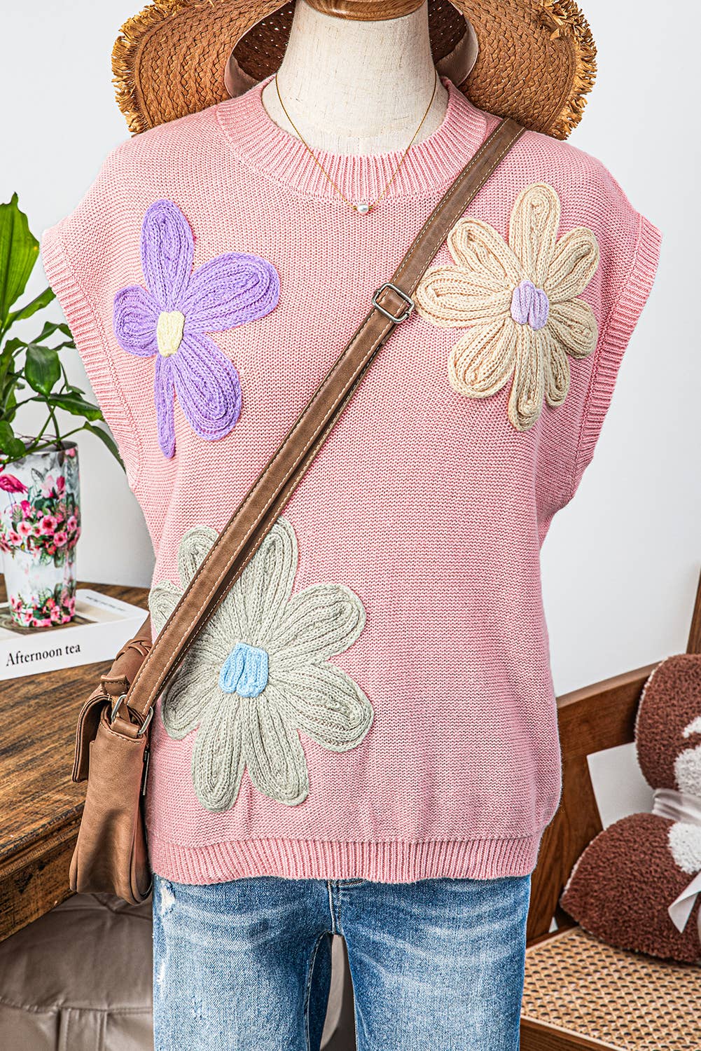 Crochet Flower Knit Short Sleeve Sweater Tops