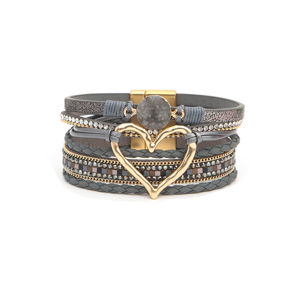 Boho Layered Heart Charm Rhinestone Magnetic Bracelet