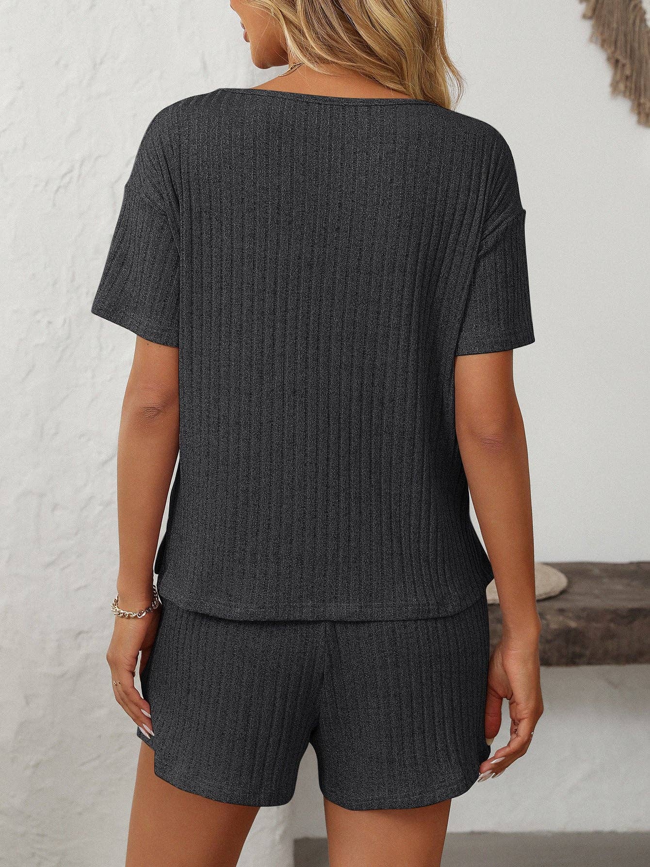 Solid Color Ribbed Short-Sleeve Pajama Loungewear Set