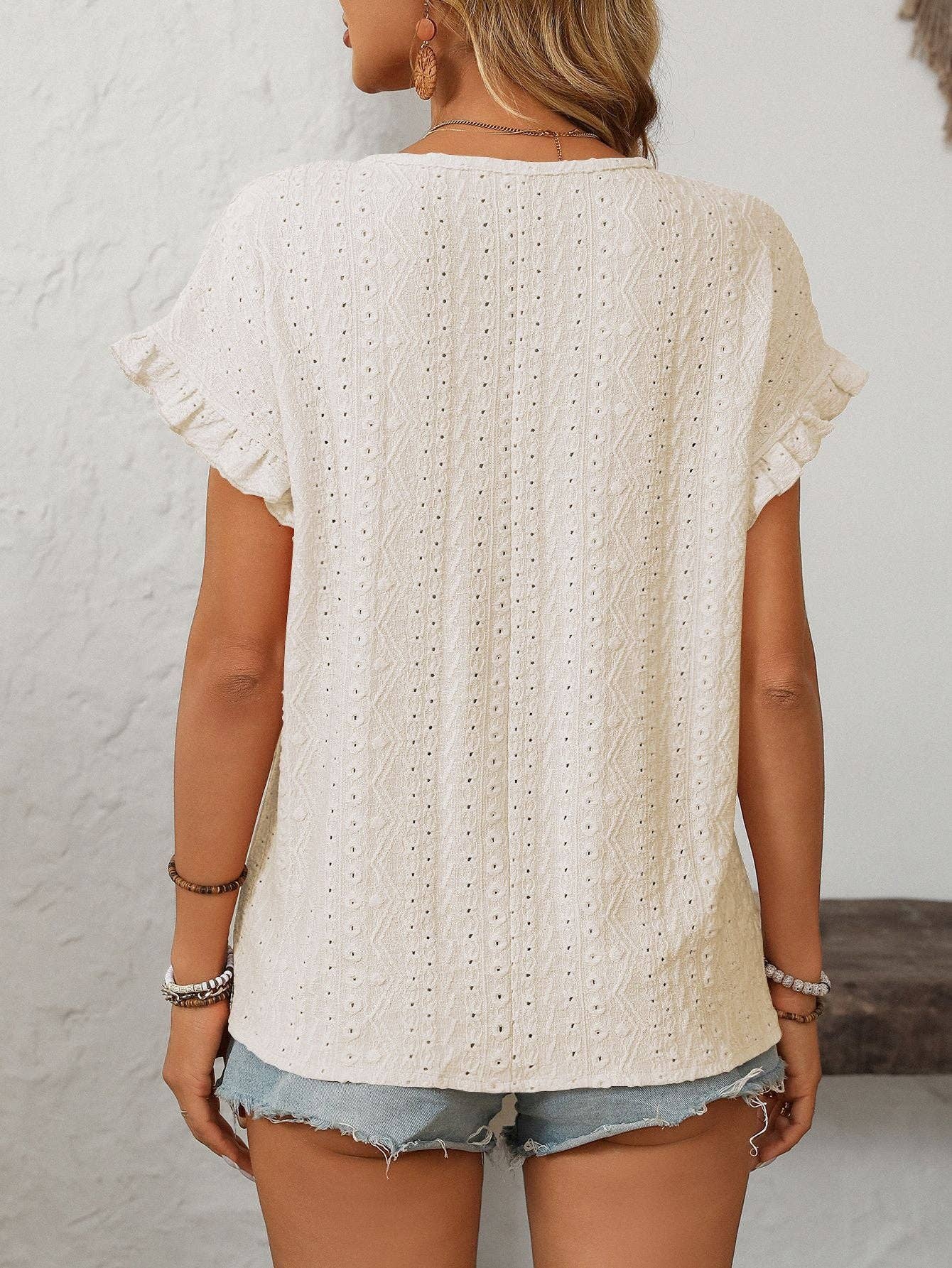 Solid Color Crewneck Sweet Short-Sleeve Hollow-Out Top