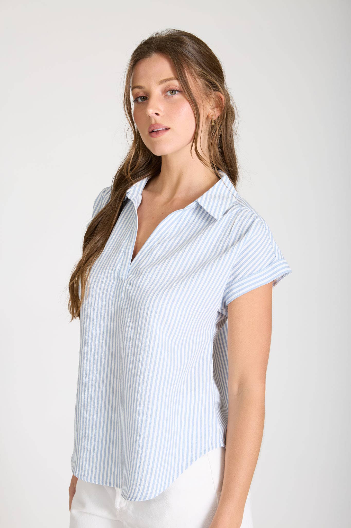 STRIPE COLLARED V NECK CUFF SLEEVE SHIRT
