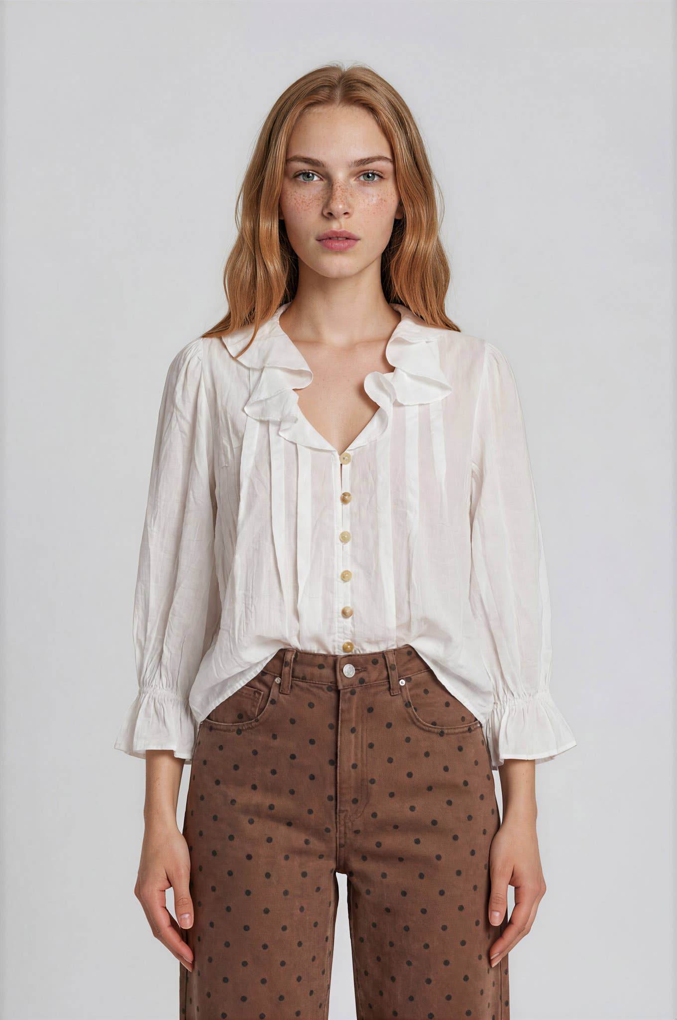 RUFFLED V NECK BUTTON DOWN 3/4 SLEEVE BLOUSE (PRE-ORDER)