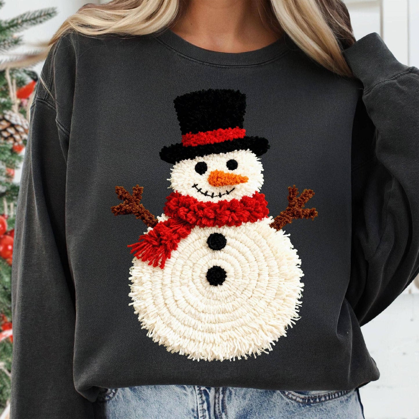 Comfort Colors Latch Hook Yarn Faux Crochet Snowman Shirt