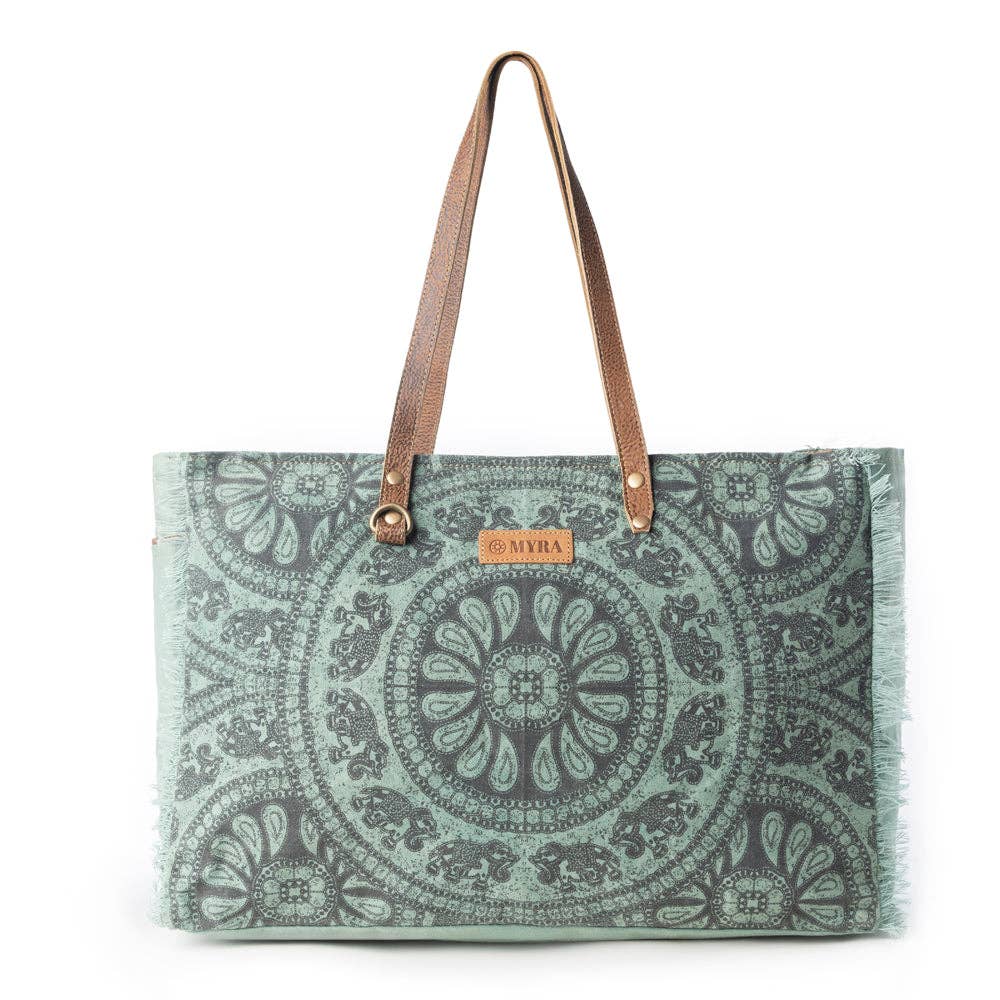Wildtusk Weekender Bag for Women in green with vintage print detail