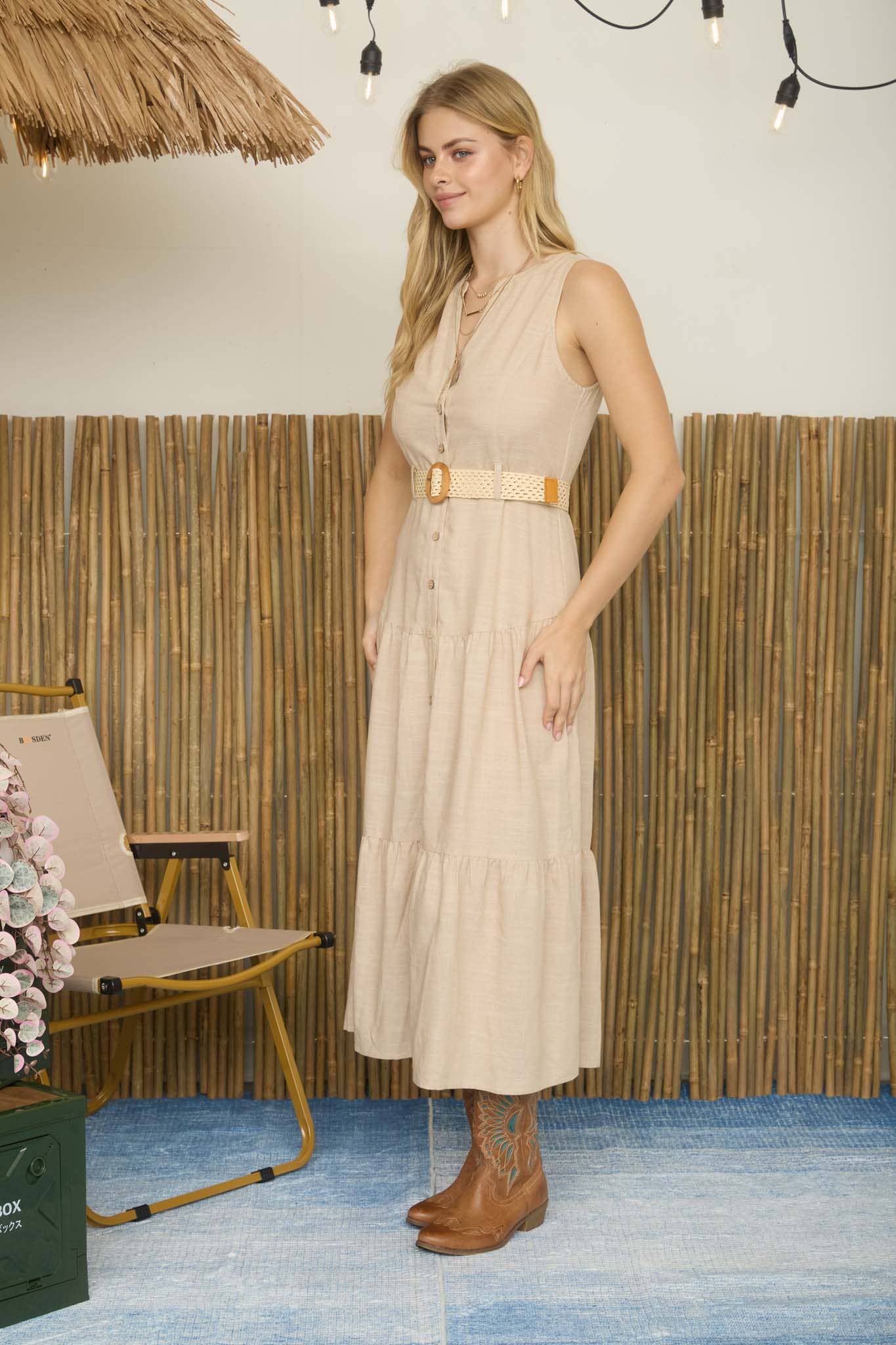 BUTTON DOWN SLEEVELESS BELTED TIERED MIDI DRESS