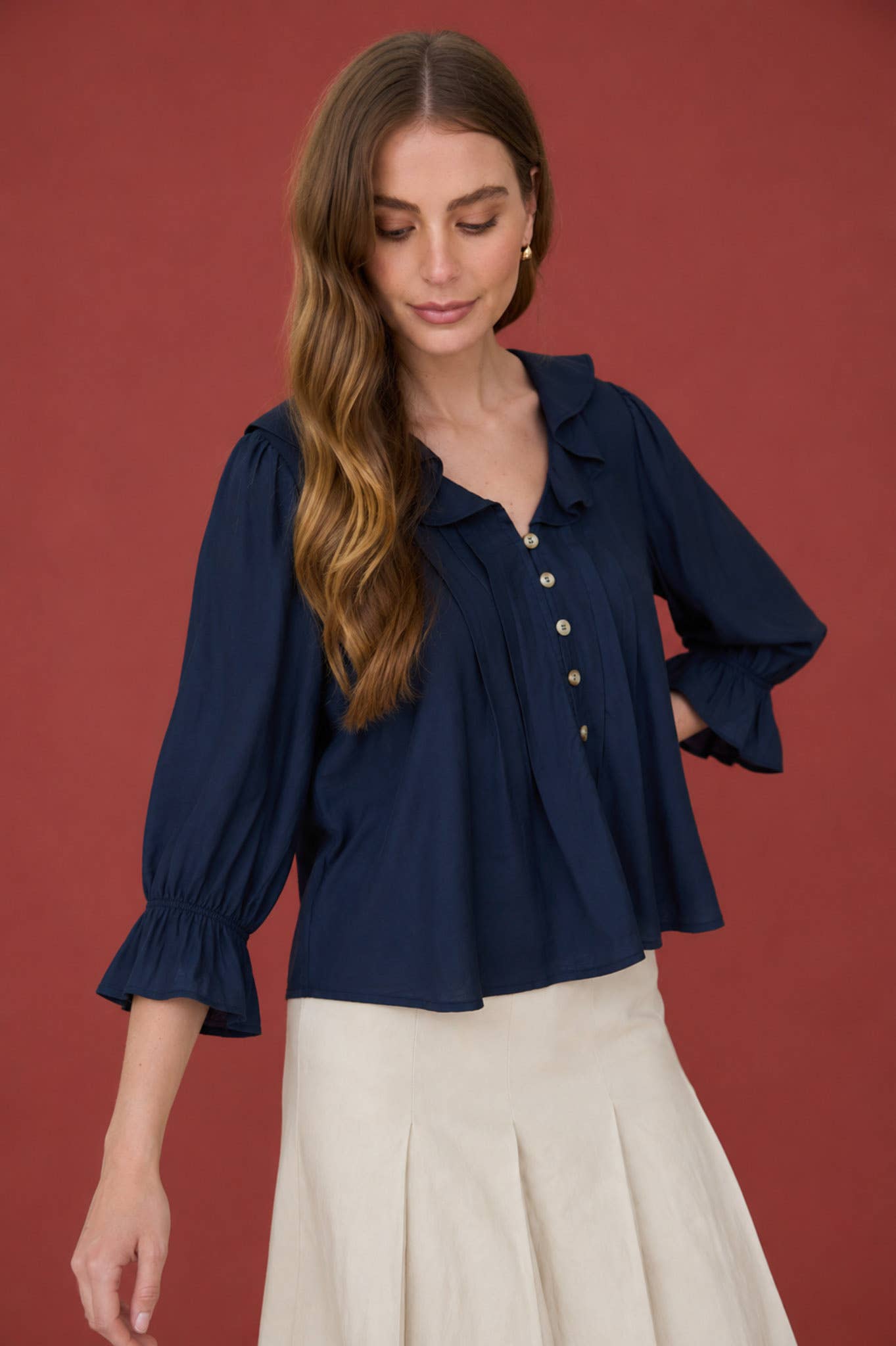RUFFLED V NECK BUTTON DOWN 3/4 SLEEVE BLOUSE (PRE-ORDER)