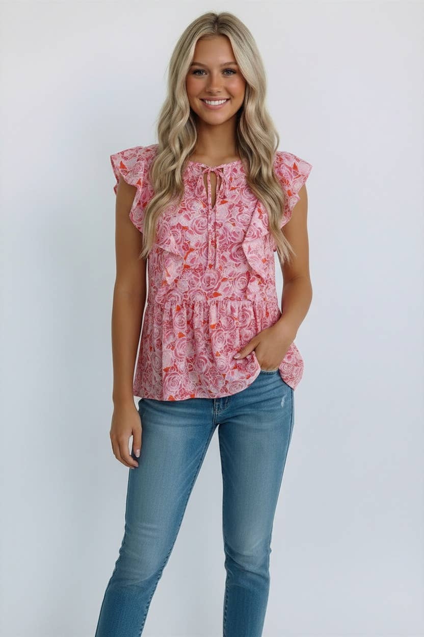KEYHOLE RUFFLE BABYDOLL SLEEVELESS FLORAL BLOUSE