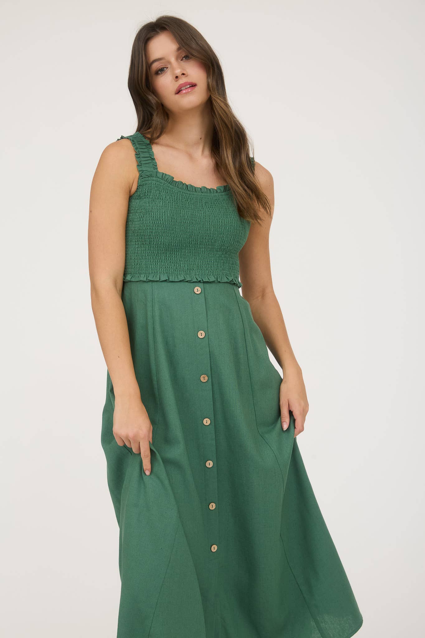 SMOCKED SLEEVELESS BUTTON DOWN MIDI DRESS