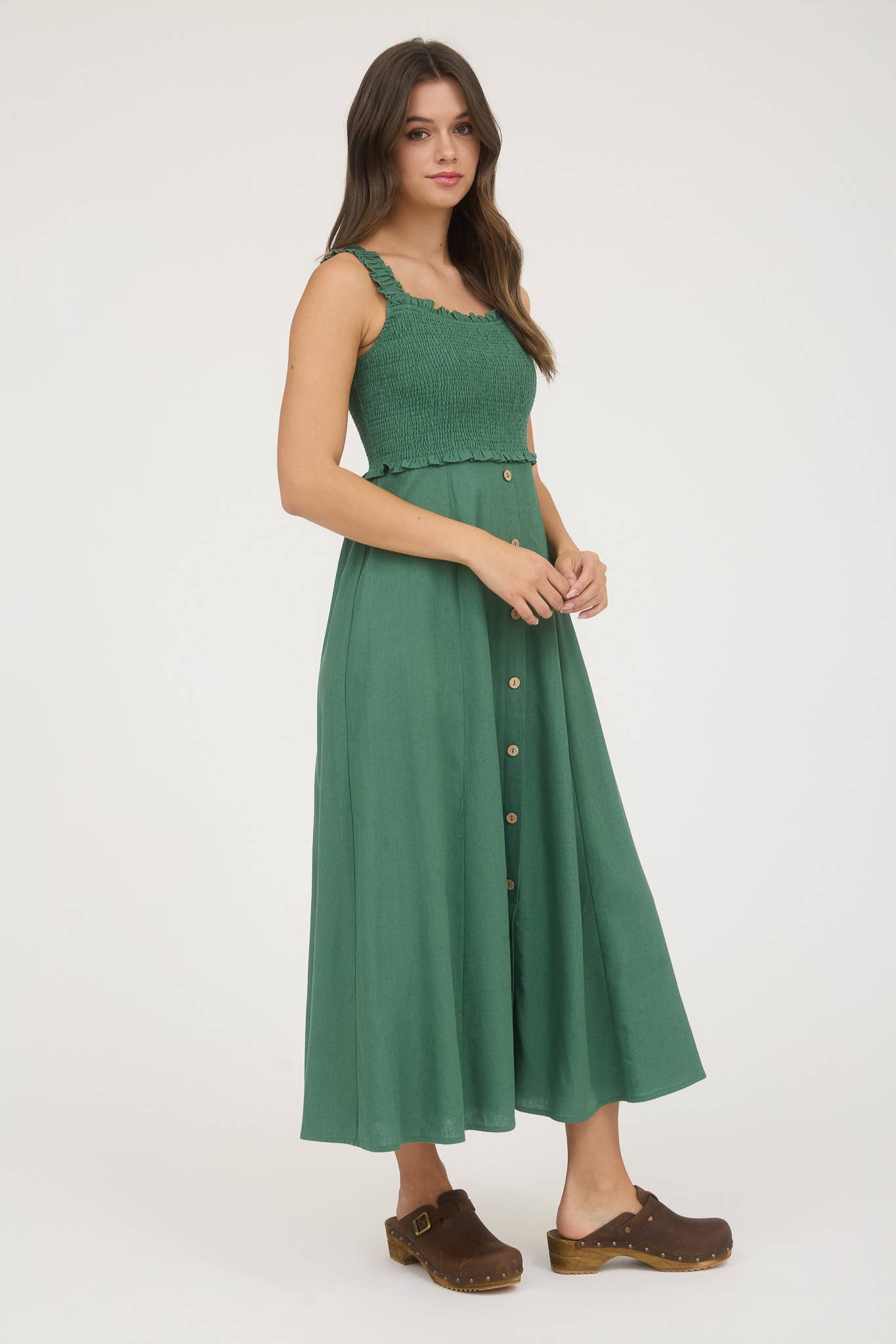 SMOCKED SLEEVELESS BUTTON DOWN MIDI DRESS