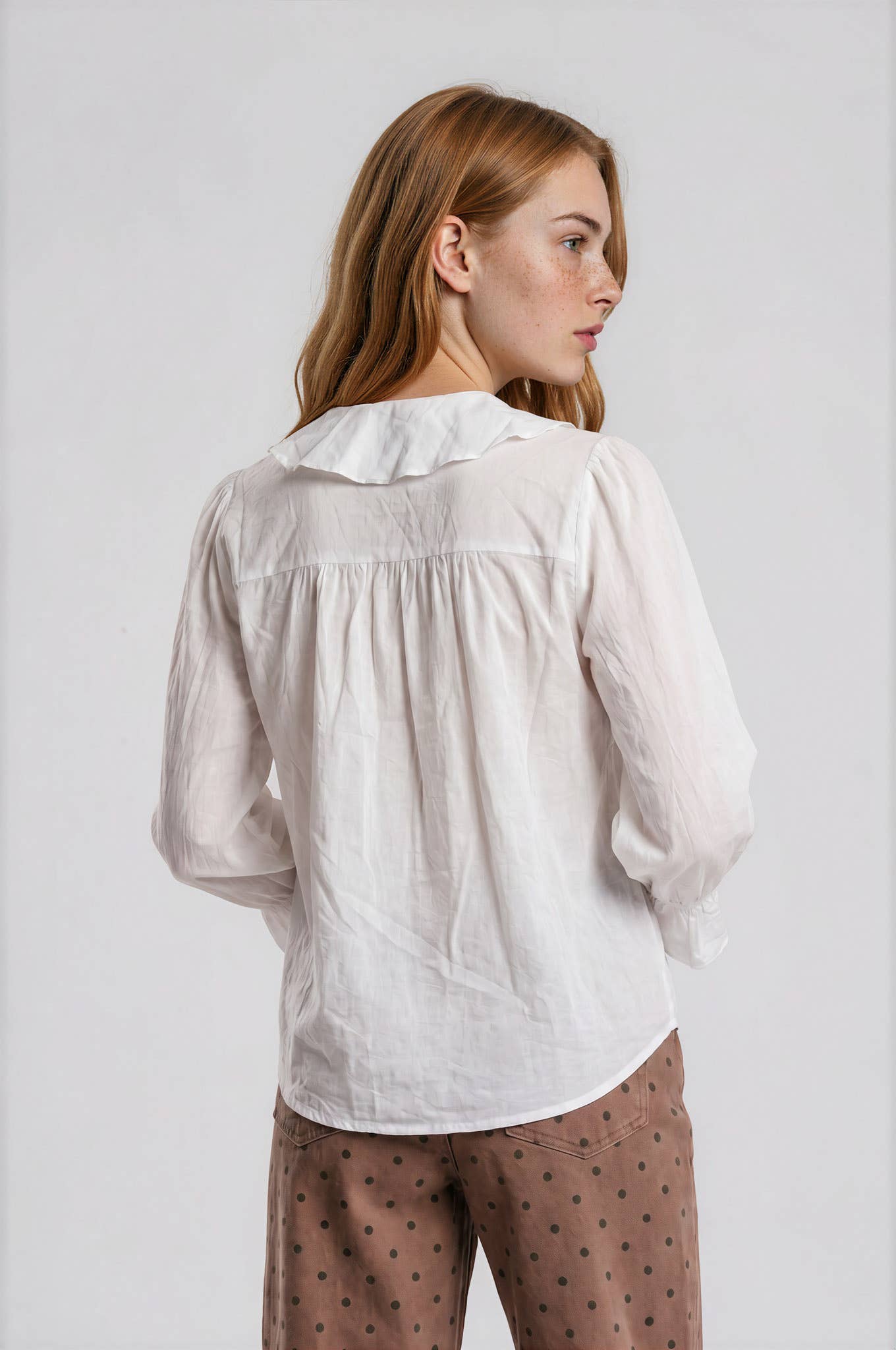 RUFFLED V NECK BUTTON DOWN 3/4 SLEEVE BLOUSE (PRE-ORDER)