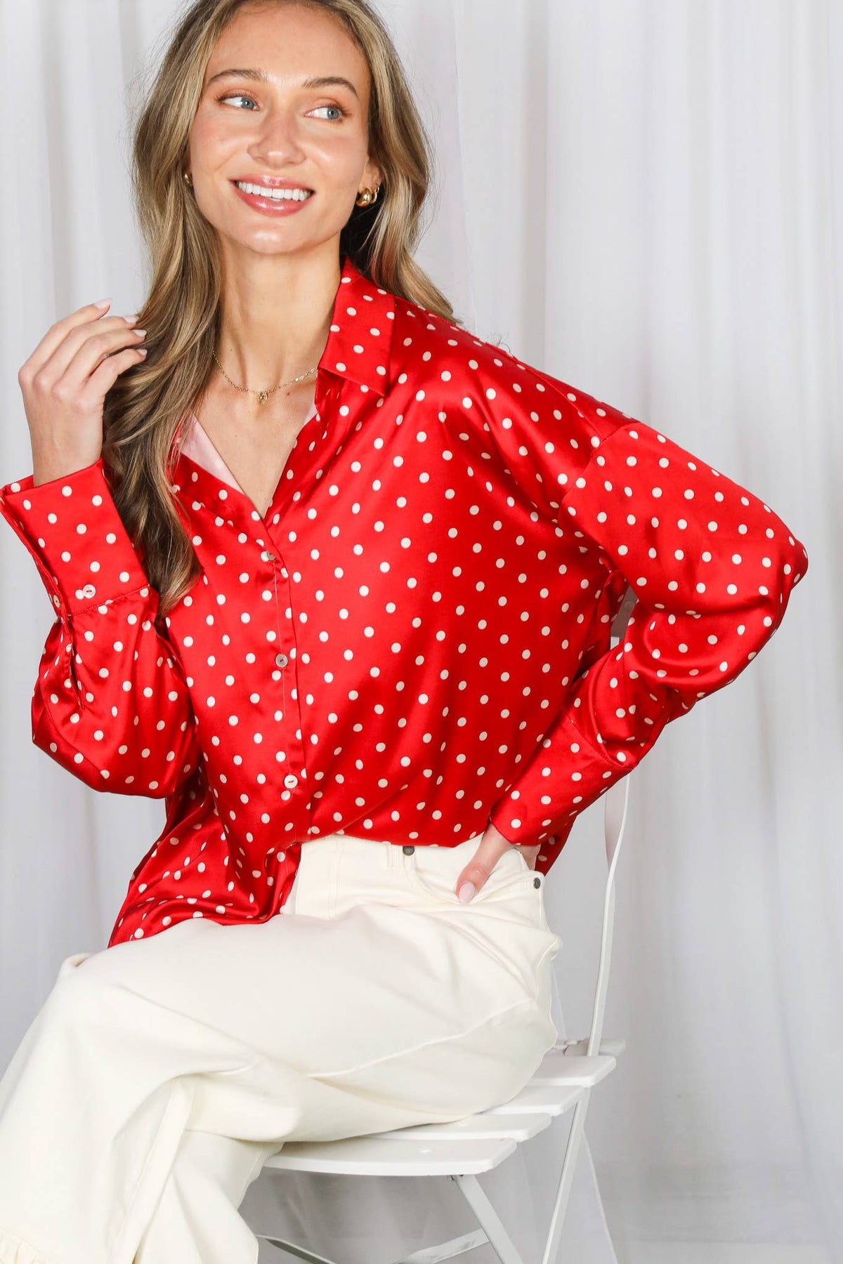 Polka Dot Collared Long-Sleeve Satin Blouse Top VT81294B