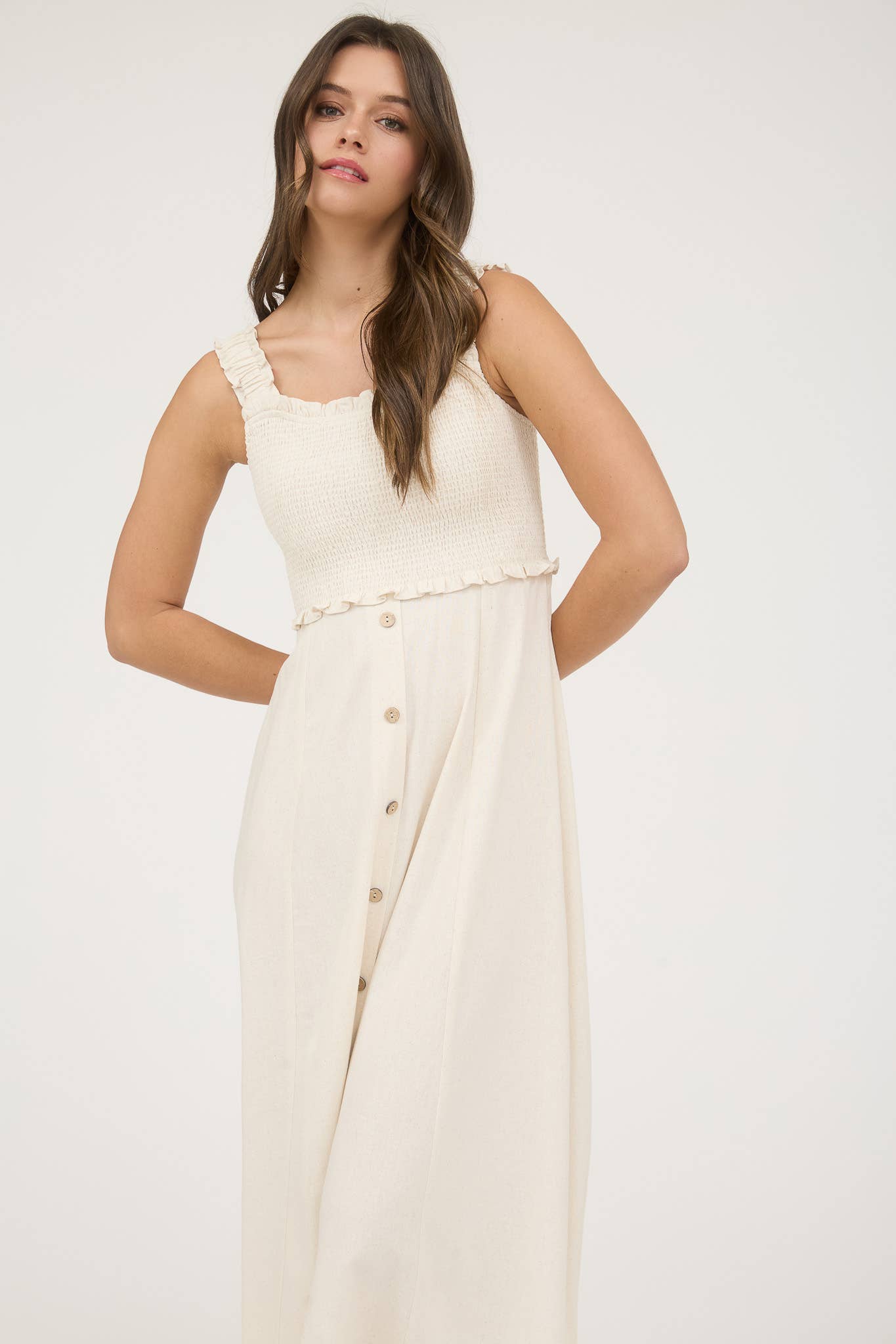 SMOCKED SLEEVELESS BUTTON DOWN MIDI DRESS