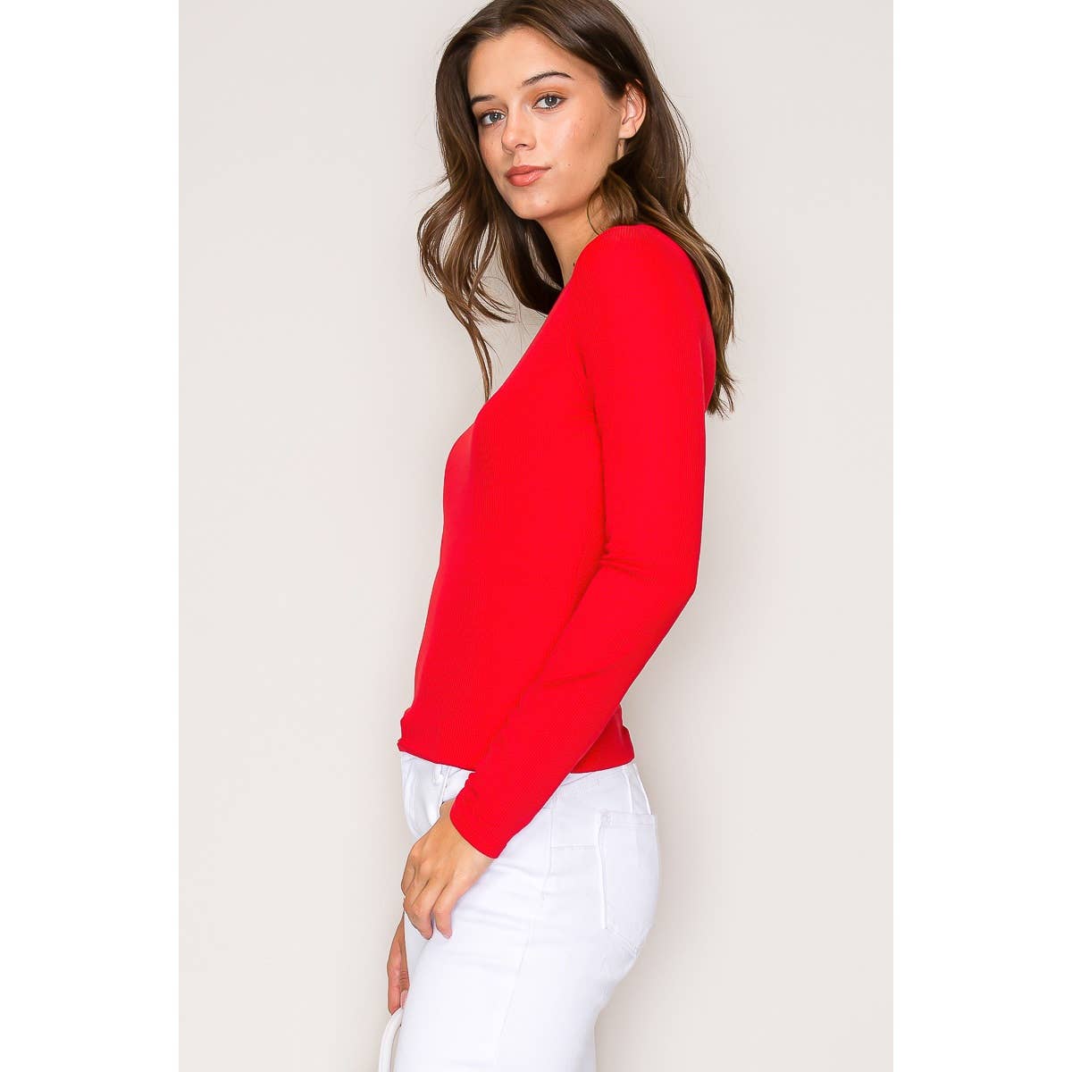 Double Layer Crew Neck Long Sleeve Rib Knit Top