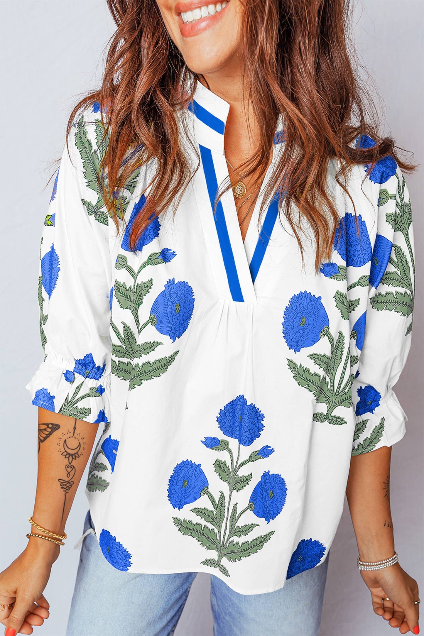 Summer Wild Flower Print V Neck 3/4 Sleeve Blouse