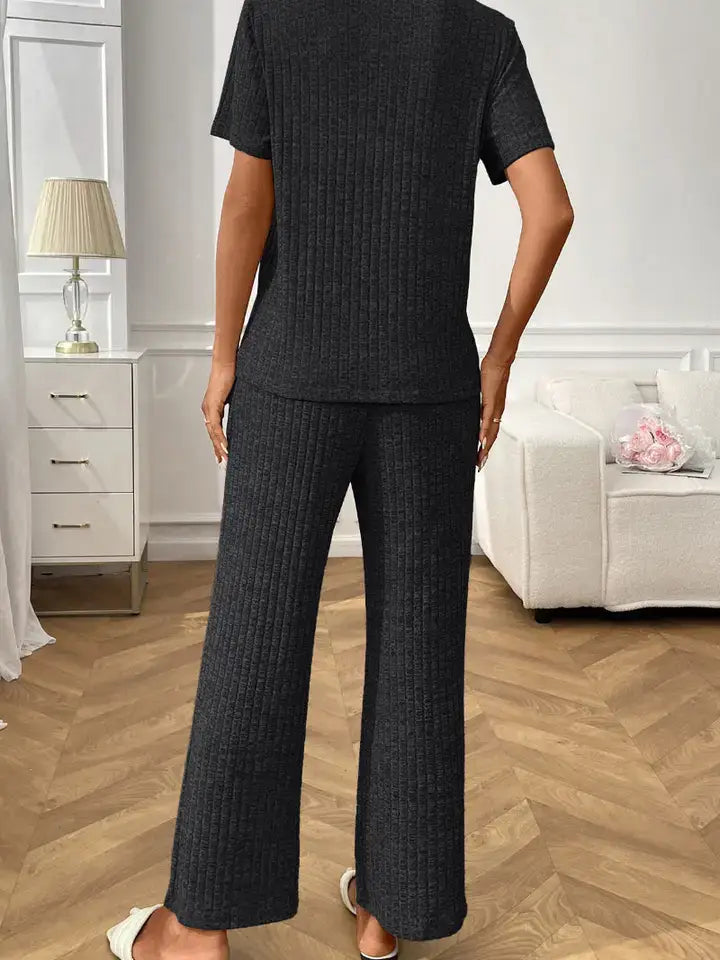 Ribbed Knit Short Sleeve Lounge Set Wide Leg Pants