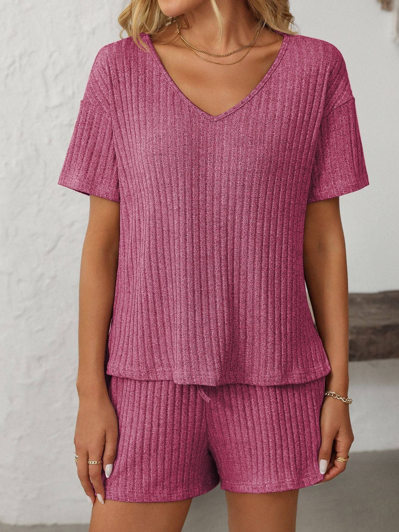 Solid Color Ribbed Short-Sleeve Pajama Loungewear Set