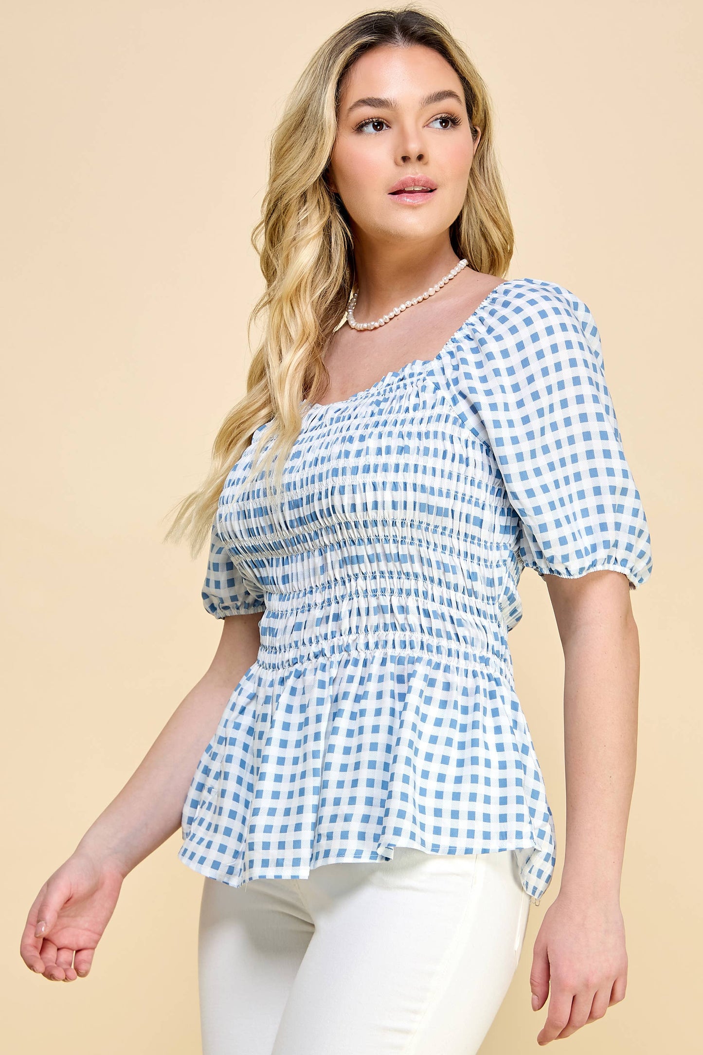 PLUS SIZE PUFF SLEEVE SMOCK BABY DOLL TOP
