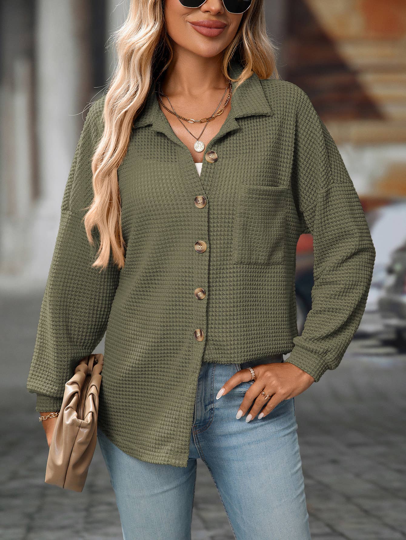 Waffle Knit Button Down Shacket Relaxed Fit Jacket