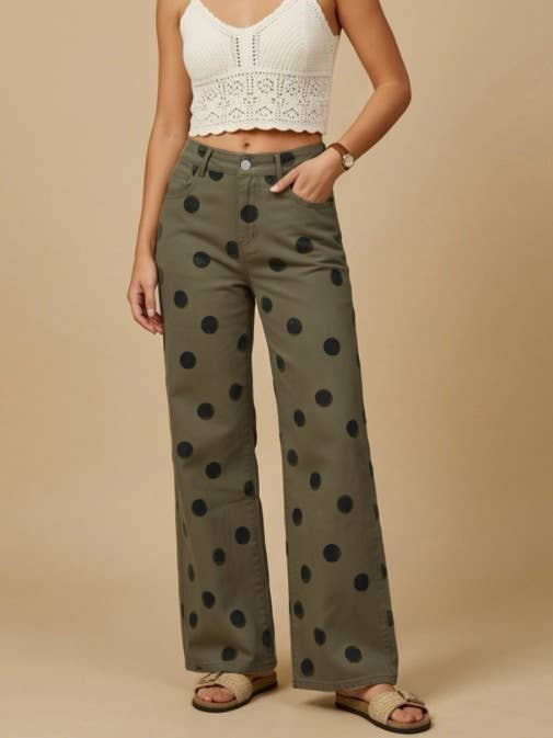 Chic Polka-dot print straight-leg jeans in olive