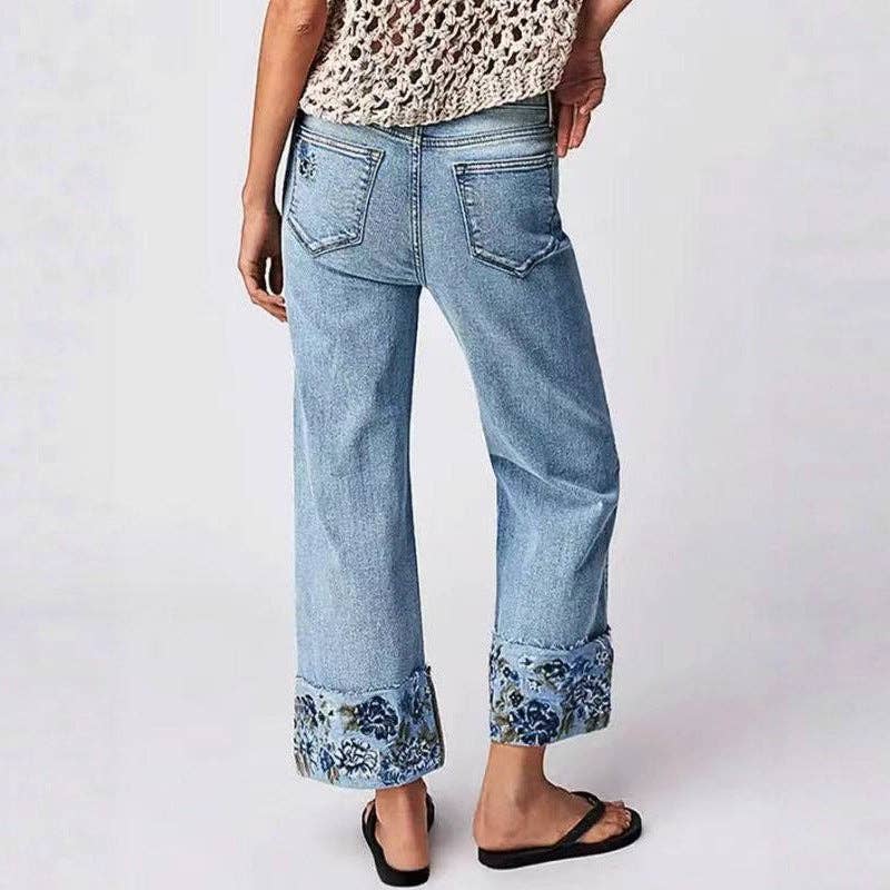 Women's Mid-Rise Straight Leg Jeans with Embroidered Cuffs