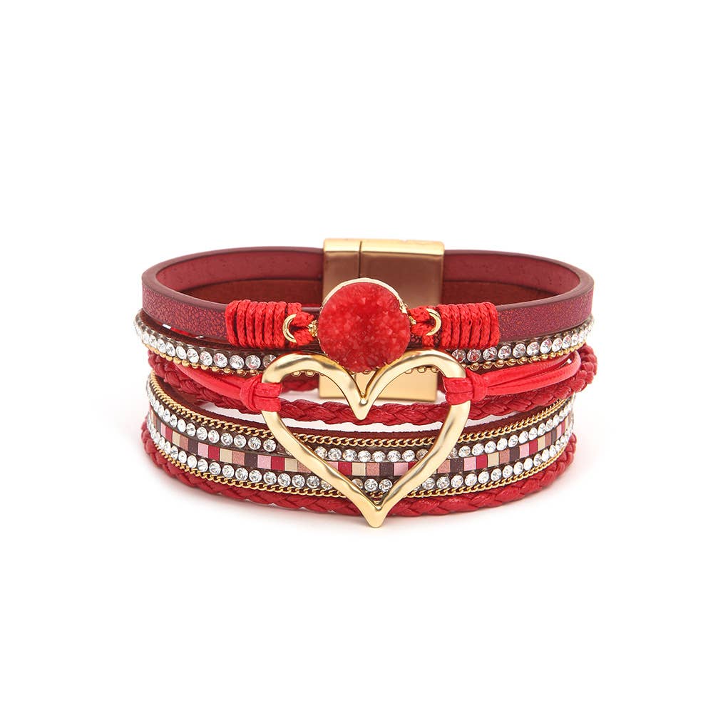 Boho Layered Heart Charm Rhinestone Magnetic Bracelet