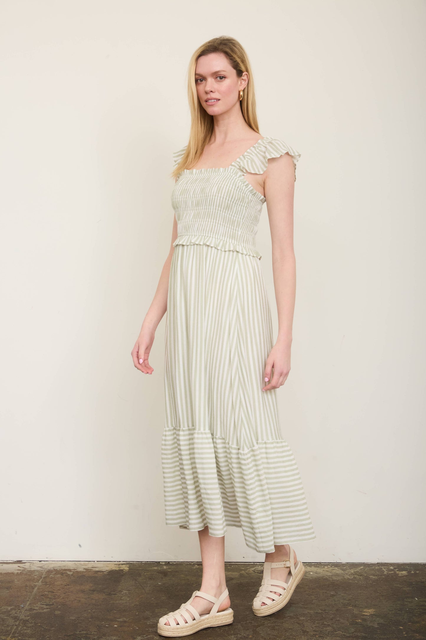 STRIPE SMOCKED RUFFLE TRIM MIDI DRESS