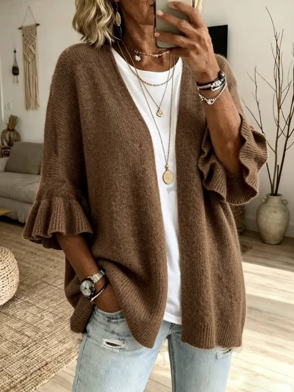 Solid 3/4 Sleeve Knit Cardigan