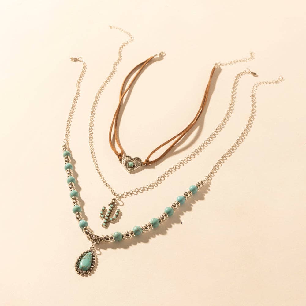 Boho Mesa Layered Necklace for Women with turquoise bead and cactus pendant detail for western wear