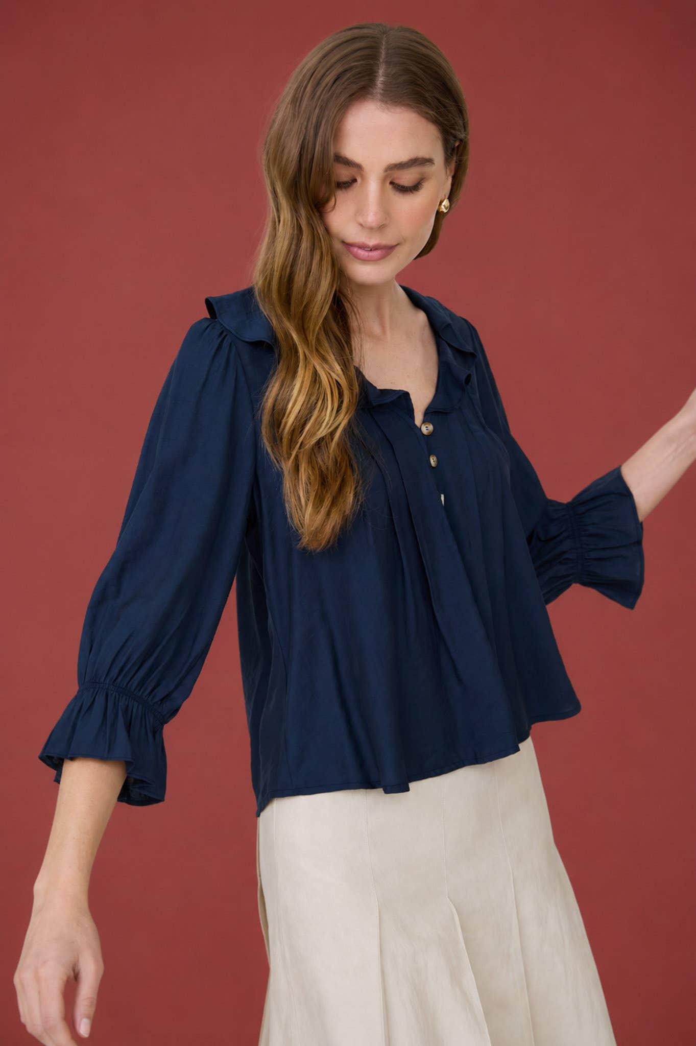 RUFFLED V NECK BUTTON DOWN 3/4 SLEEVE BLOUSE (PRE-ORDER)